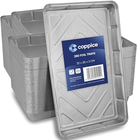 Coppice Aluminium Foil Tray for Baking, BBQ, Roasting, Grilling & Food Storage | 32cm x 20cm x 3cm | Freezer, Air Fryer & Oven Safe | 250 Trays