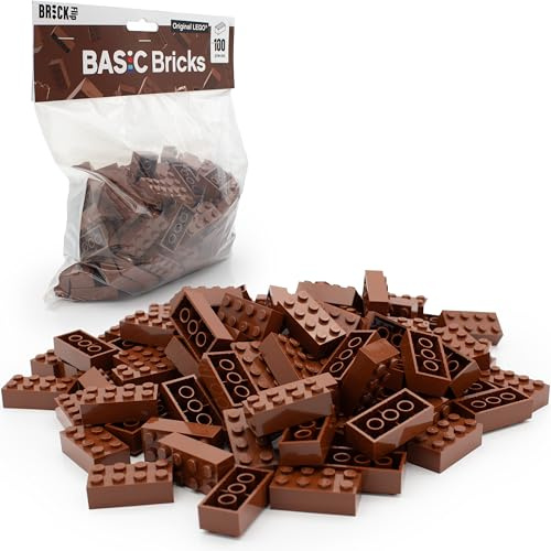 LEGO klossar bruna 2 x 4 Classic, 100 stycken – enstaka bruna byggstenar i storpack, för LEGO-platta och låda, nybörjarset | Basic Bricks (3001) (rödbrun)