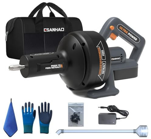 ESANHAO Electric Drain Auger 25ft auto feed Cordless Drain Cleaner machine Plumbing snake for kitchen sink, showers, toilet et. 3/4-2 Pipe drain clog (2500mAh Chargeable)
