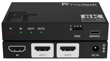 FeinTech SP210 HDMI 2.1 Splitter 4K 120Hz 8K VRR ALLM, distributör med downscaler för 2 bildskärmar samtidigt, CEC-pass, kompatibel med HDCP 2.3, HDR, Dolby Vision