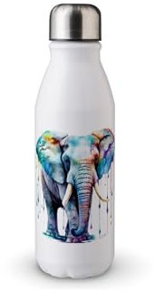 MAXIKIWI - Single Wall Water Drinking Bottle with Screw Cap, Non Insulated Lightweight Aluminium, BPA Free, Leak-Proof - Colorful Elephant Watercolor - 500ml