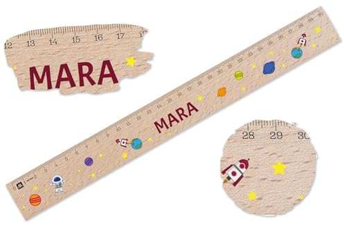 Holz Lineal 30cm - Weltall - Holzlineal mit Astronaut und Planeten | Mit Namen | Geschenk für die Einschulung - 30 cm - Holz - personalisiertes 30 cm