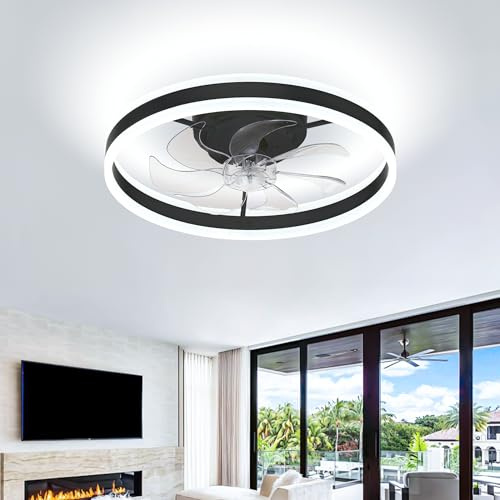 LED Ceiling Fan with Lights and Remote, Modern Dimmable Bladeless Ceiling Fans 20 Bedroom Flush Mount Chandelier Fan Lights for Living Room Kitchen (Black)