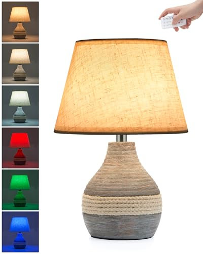 OCEST Small Cordless Ceramic Table Lamp with Timer, Dimmer, Linen Shade, Remote Control, Rechargeable Battery Lights, Mid Century Modern Bedside Lamp, Bedroom Living Room Side End Table