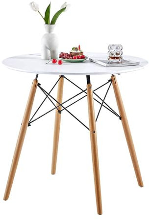 FURNITABLE Multipack Esstisch Rund Küchentisch Modern Retro Kaffeetisch mit Buche Holz Beine Weiß 80 x 75 cm