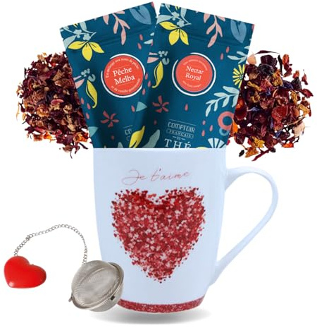 COMPTOIR FRANÇAIS DU THÉ - Mug JE t'AIME + 2 Infusions 20G + Boule à Thé | Déclarez votre Amour à votre Maman