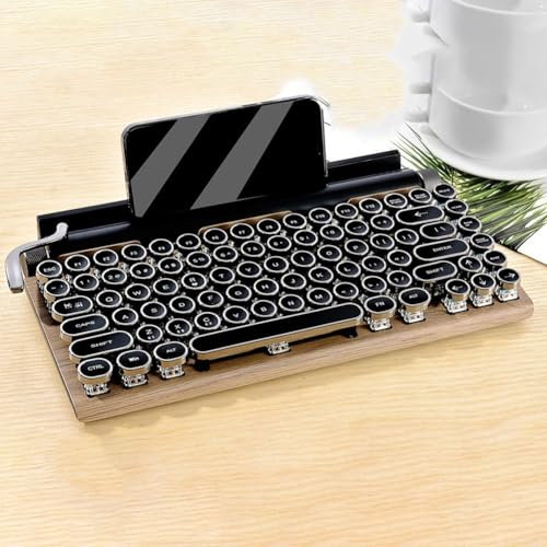 83-Key Mechanical Keyboard, Vintage Wireless Typewriter Keyboard, BT 5.0 Vintage Punk Round Keycap, For Desktop PC Laptop for MAC Phone(Wood)