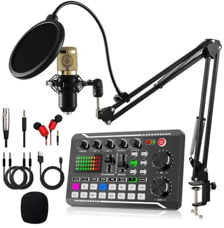 Hburirrty F998 Sound Card and BM800 Microphone Kit Mic Sound Mixer Sound Card Audio Mixing Console Amplifier for Singing PC Phone