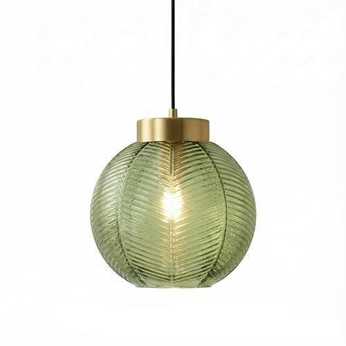 LFsem Hängelampe Vintage, Pendelleuchte Esstisch, Hängeleuchte aus Gold Metall, E27 Fassung, Ø 20cm Kugelförmig Pendellampe aus Grün Glas für Esszimmer Wohnzimmer Küche Schlafzimmer