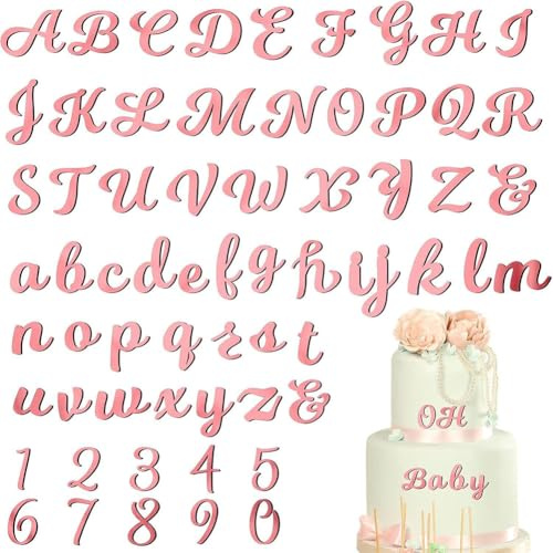 SOFPLATE 1 Box 128Pcs 63 Styles Letter Cake Topper Pink Acrylic Number Cupcake Toppers Plastic 0-9 Numbers A-Z Letters Mirrored Non Edible Rose Gold Decors for Cake Wedding Anniversary Birthday