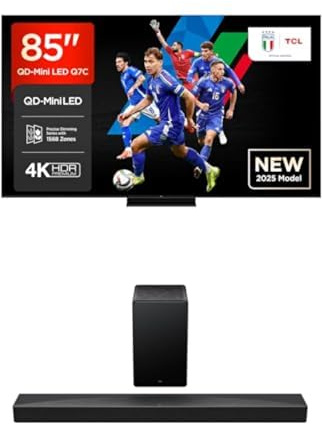 TCL Bundle of 85Q7C 85” QLED TV 4K QD-Mini LED, HDR Premium 2000, Google TV Soundbar Q65H 5.1 con tecnologie Dolby Atmos e Ray- HDMI eARC 2.1 e passthrough HDMI - Bluetooth 5.3