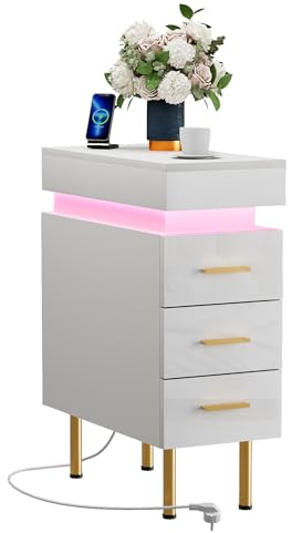 ChromaCasa Comodino Sottile con 3 Altamente Lucido Cassetti e Illuminazione LED RGB, Presa e 1 AC 2 USB, Luce Bluetooth, Camera da Letto Soggiorno, Bianco Larghezza 25 cm (bianco)