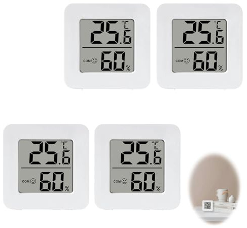 4Pcs Digital Thermometer Hygrometer Indoor Climate Monitor LCD Display | Accurate humidity reading, tabletop or wall mount placement, greenhouse monitoring, white housing, battery operated