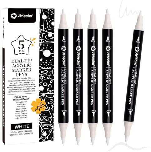Artecho Acrylstifte 5 Weiß Farben, 0.5-5mm Wasserfester Dual Tip Marker (Pinsel und feine Spitze), mit doppelten Enden für Rock Painting, Glas, Papier, Holz, Ei, Leinwand
