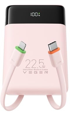 VEGER Power Bank Fast Charging 10000mAh,Portable Charger Built in Cables
