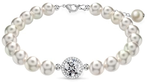 FEIKFEIZ Pulsera de perlas de moissanita de oro rodiado de moissanita cultivada en laboratorio 2CT, pulsera ajustable de perlas de agua dulce, pulsera de plata, regalo para mujer.
