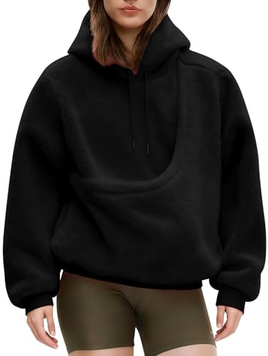 ticticlily Pullover Damen Winter Hoodie Sweatshirt mit Kapuze und Haustier Tasche Teddy Fleece Kapuzenpullover Hundetasche für Pet Kapuzenpulli Casual Lose Pulli A Schwarz M