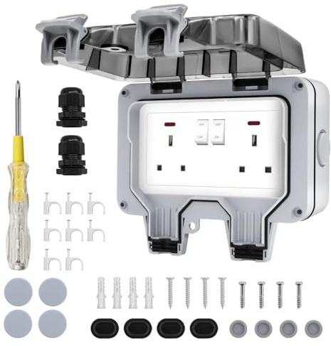 Waterproof Outdoor Double Pole Switched Socket Box Electrical External Safe Plug 30°C Frost Proof & Anti-UV | Secure Power for Garden & Workshop (Basic Socket)