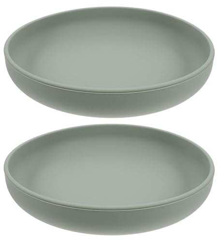 SMASOLO Lot de 2 Assiettes Antidébordement en Silicone Ventouse Assiettes Rondes Antidérapantes pour Adultes et Personnes Âgées Couleur Gris-Vert Compatibles Lave-Vaisselle Usage