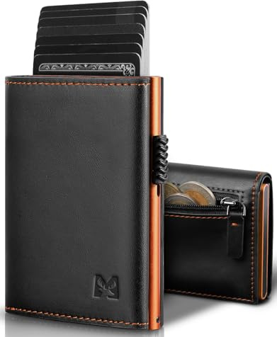 MYSHION Pop Up Wallet for Men with Coin Pocket, Trifold Wallets with ID Window, Smart RFID Blocking Card Holder with 6 Slot for Up to 11 Cards (Black Orange)