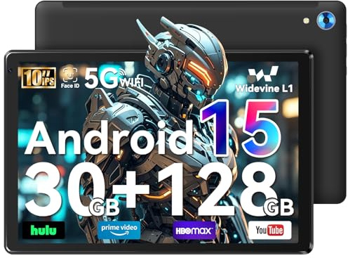 Whitedeer 10 inch Android 15 Tablet, Android Tablet with 30GB+128GB+1TB, Face ID, 5MP 8MP Camera, Split Screen, 1280x800 IPS Display, 5000mAh Battery, WiFi 6 5G 2.4G, Bluetooth 5.3, Widevine L1, Black