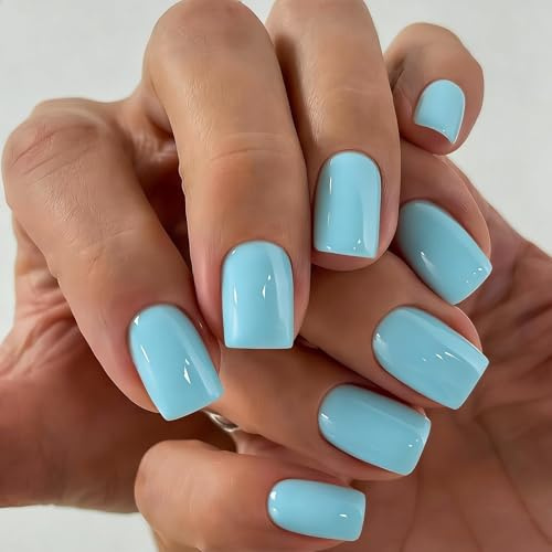 KQueenest Baby Blau Press on Nails Kurz Eckig, 30 Stück Fingernägel zum Aufkleben in 15 Größen, Soft Gel Fake Nails Short Square, Glänzende Einfarbige Full Cover Künstliche Nägel für Frauen Alltag