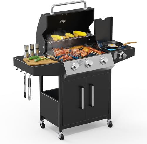 ROVSUN 3+1 Burner Gas BBQ Grill, Outdoor Portable Barbecue with Side Burner, Warming Rack, Cabinet, Side Shelves, Temperature Gauge - Steel Barbecue Trolley, for Garden, Party, Camping,Outdoor Cooking