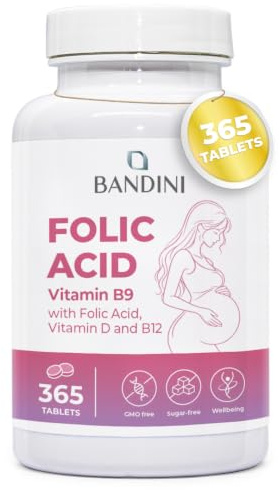 Bandini® Ácido Fólico 400 µg con Vitamina B12 y Vitamina D3-365 Tabletas