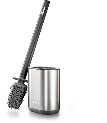 Vileda silikontoalettborste silver med flexhuvud och handtag i rostfritt stål – toalettborste med 2-i-1 rengöringszoner – hygieniskt snabbtorkande rostfri luktfri, hållbar och klar att användas | Silikonhuvud med två rengöringszoner, silverhandtag i rostfritt stål, luktfritt lock, 42,5 cm