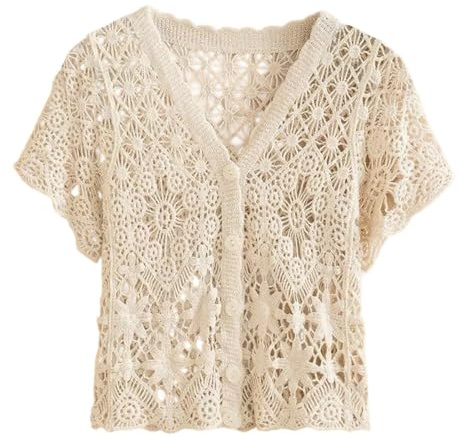 Générique Hauts Tendance Grande Taille, Cardigan d'été élégant en Dentelle à Manches Courtes, Haut léger Ouvert sur Le Devant, pour Un Usage Quotidien (Beige, XXL)