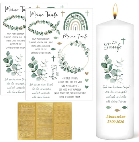 DOORIO 2pcs Kerzentattoos Taufe Kerzen Tattoofolie + 3pcs Groß- und Kleinbuchstaben Kerzen Sticker Gold Zahlen Aufkleber für Taufkerze Basteln