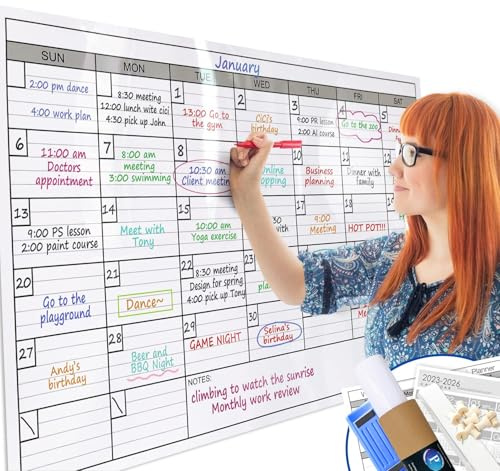 Dry Erase Monthly Extra Large White Board Calendar for Wall, 25 by 38, Jumbo Laminated Erasable One Month Whiteboard Calendar, Huge Oversized Blank 30-Day Poster with Lines and Squares