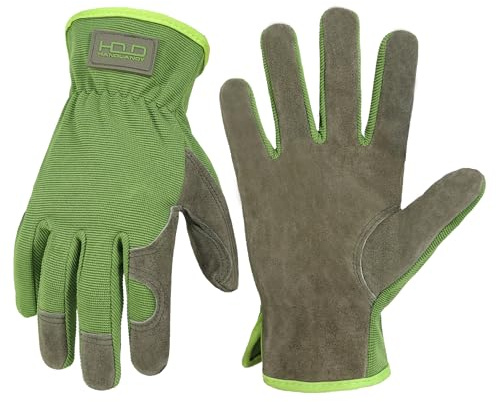 HANDLANDY Leather Gardening Gloves, Utility Men Women Work Gloves for Garden & Building Work, Dexterity & Breathable Construction Gloves (Green, M)