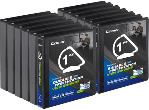 Comix D-Ring Basic View Binder 1 inch 3 Ring Binders, 2.4mm-Thick, Hold 225 Sheets of 8.5 x 11 Paper, 12 Pack (Black)