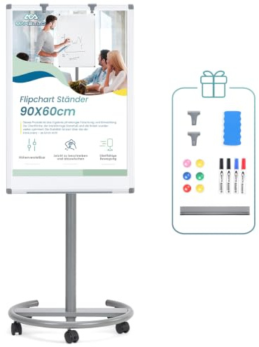 MAKELLO Flipchart Ständer 90x60cm, Magnetisches Whiteboard mit Rollen | Höhenverstellbar 120-180 cm, Rundfuß mit 5 Feststellbaren, mit Haken, Trocken Abwischbar, Flipcharts für Büro und Zuhause
