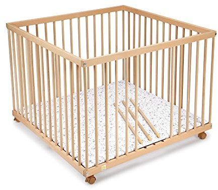 FabiMax Laufgitter 100x100 cm, stufenlos höhenverstellbar, Parkettrollen, Buche natur