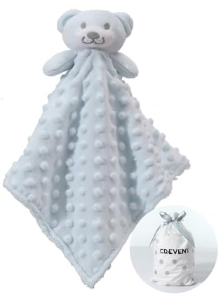 CREVENT Cozy Plush Baby Security Blanket Loveys for Baby Boys, Minky Dot Front + Sherpa Backing with Animal Face (Blue Bear)