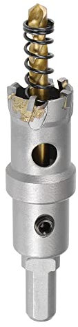 sourcing map Cortador de agujeros de carburo de 21 mm, sierra de agujero para chapa de acero inoxidable, paso de límite de vástago triangular antideslizante, con taladro central recubierto de titanio