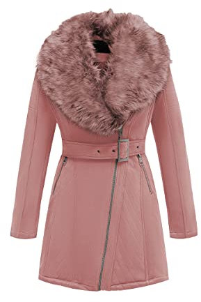 Geschallino Damen Lang Jacke aus Wildlederimitat Winter Warmer Fleece Gefütterter Parka mit Abnehmbarem Pelzkragen FF206 Rosa XXL