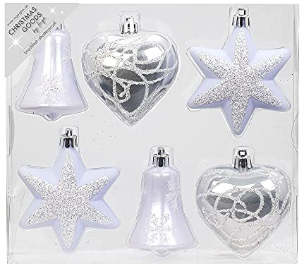 Christbaumschmuck Kunststoff 9cm x 6 Stück Sterne Glocken Herzen Weihnachtskugeln weiß Silber