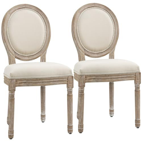 HOMCOM Lot de 2 chaises de Salle à Manger - Chaise de Salon médaillon Style Louis XVI - Bois Massif sculpté, patiné - Aspect Lin Beige