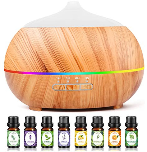 Moisturnt Aroma Diffuser für Duftöle Ultraschall Luftbefeuchter: 500ML Aromatherapie Öle Diffusor mit Aroma Öl Set - Cool Mist Raumbefeuchter mit 7-farbigem LED-Licht für Zuhause Büro Schlafzimmer