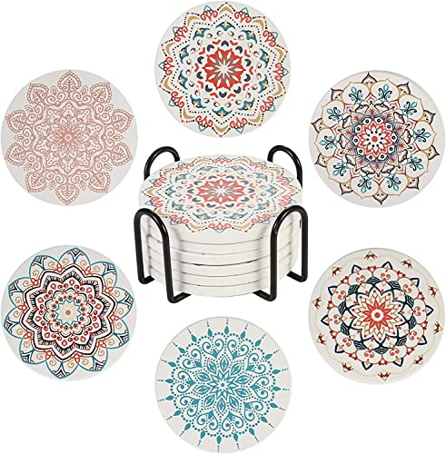 STARUBY 6 Stücke Untersetzer Set Elegant Blumen Muster mit Halter,Durchmesser 10,3 cm Saugfähige Keramische Korkboden Untersetzer,für Bierkneipen Tassen Vasen Kerzen Drinks Tischuntersetzer Geschenke
