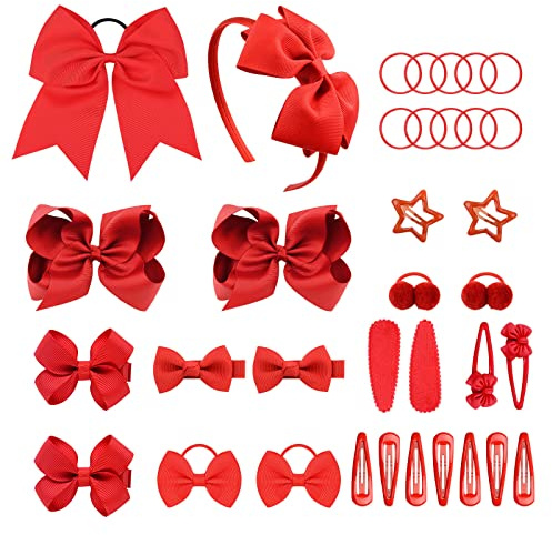 VIKSAUN 35 Pezzi Baby Girl Lino Fiocchi per capelli, Clip a coccodrillo Clip per capelli antiscivolo, Accessori per bambini Capelli in Metallo e Elastici per Ragazze rosso Natalizi (35 Pezzi)