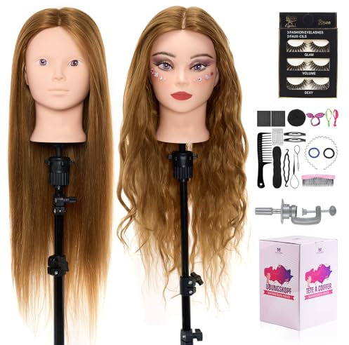 Neverland Hairdressing Head,28 inch 60% Real Human Hair Training Head Cosmetology Make-up Mannequin Manikin Doll Head with Table Clamp Holder,Eyelash,DIY Hair Styling Braid Set(Gold)