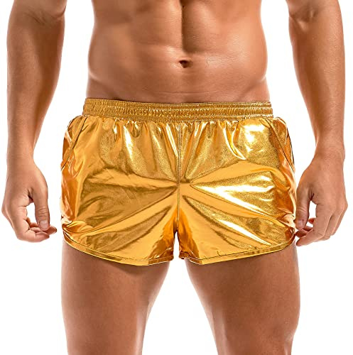 Amy Coulee Mens Metallic Low Waist Sparkly Rave Boxer Shorts | Lightweight Stretch Reflective Fabric, Elastic Waist and Pockets, Nightclub Party Costume Wear, Hand Wash Only