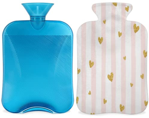 2L Wärmflasche mit Abdeckung für Schmerzlinderung, Pinl Streifen Liebe Herz Muster Wärmbeutel PVC Eis- und Wärmbeutel für Kälte- und Wärmetherapie/Menstruationskrämpfe, Füße/Handwärmer