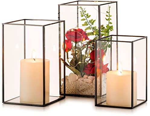 NUPTIO Windlicht Schwarz Glas Laterne: Gold Kerzenständer Metall Set von 3 Groß Kerzenhalter Hochzeit Tischdeko Stumpenkerzen Dekorative Laternen Set Draußen Weihnachten Wohnzimmer Tischplatte