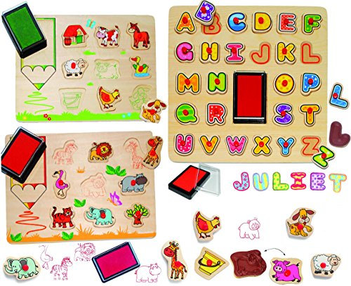 alles-meine.de GmbH XL Set Stempelset - Steckpuzzle Platten & Stempel - mit Griffen - Buchstaben & Haustiere & Zootiere - aus Holz - 46 Teile mit großen Stempelkissen - gro..