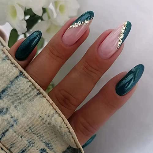 24 Stück Mandel Nägel Zum Aufkleben Mittel, Französisches Press on Nails Künstliche Nägel mit Design, Oval Glitzer Acryl Fingernägel Falsche Nägel für Frauen Mädchen